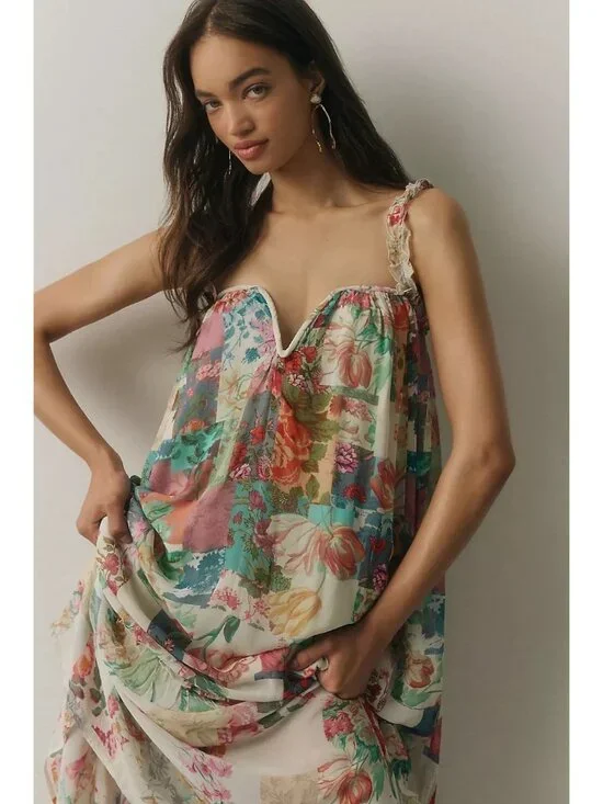 NEW Anthropologie Chiffon Shift Midi Dress Floral Sleeveless Beach Size XXSmall - Picture 11 of 12